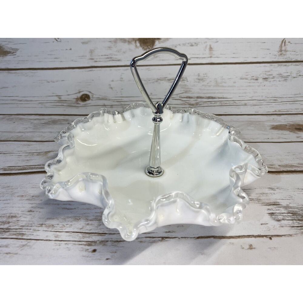 Fenton Handled Candy Dish Bowl - White Milk Glass Clear Glass Ruffled Rim Mint